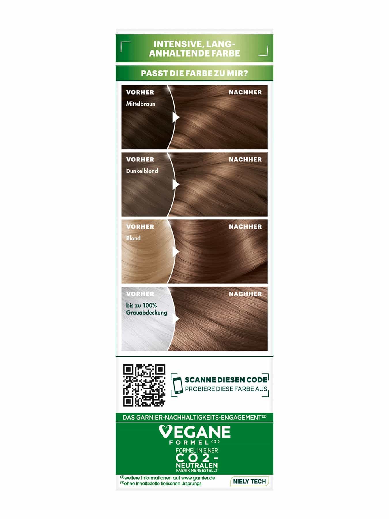 Garnier Nutrisse Ultra Creme 6 Karamell Dunkelblond Farbpalette Vorher-Nachher-Vergleich